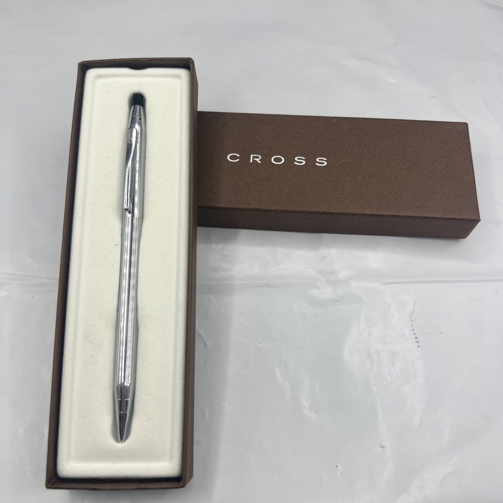 Vintage Cross Classic Century Lustrous Chrome Ballpoint Pen Brown Box #3502